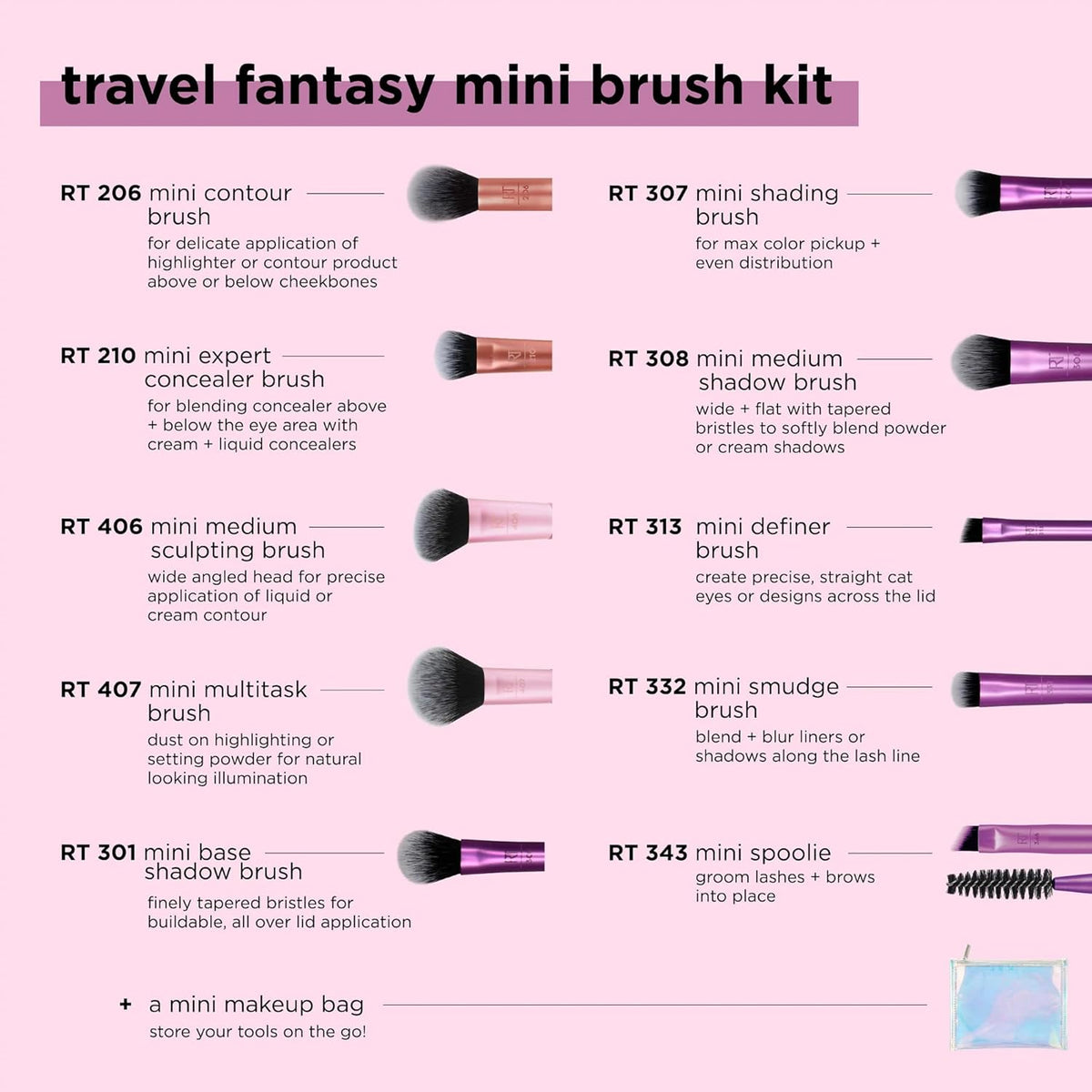 real techniques travel fantasy 11 pcs mini makeup brushes set eyeshadow highlight contour powder concealer brush travel size brush and cosmetic bag